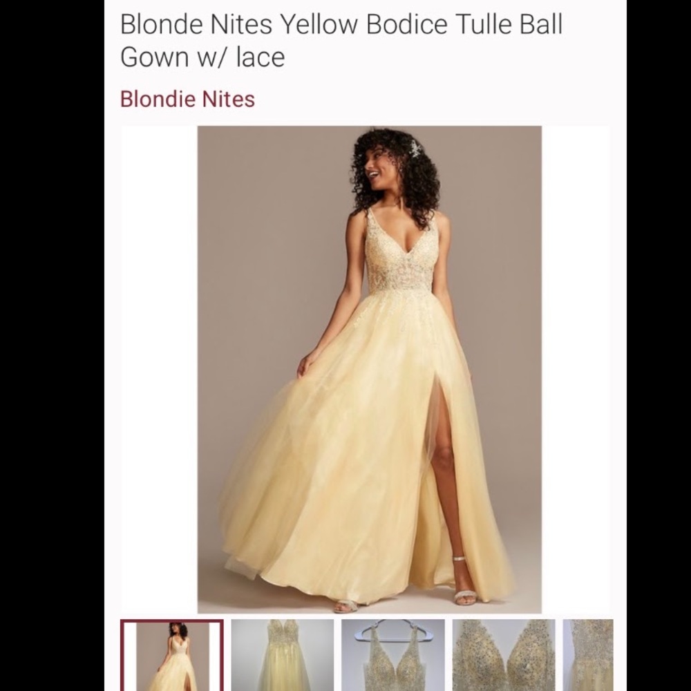 Blondie Nights Yellow tule ball gown with lace flowers on top and slit